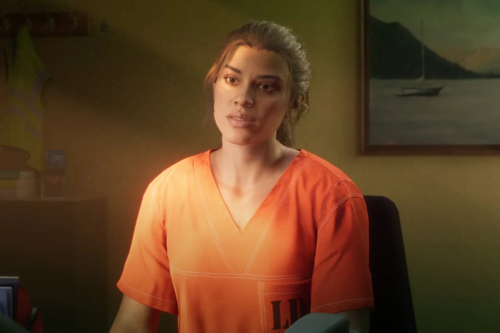 Woman in orange prison uniform sitting in room