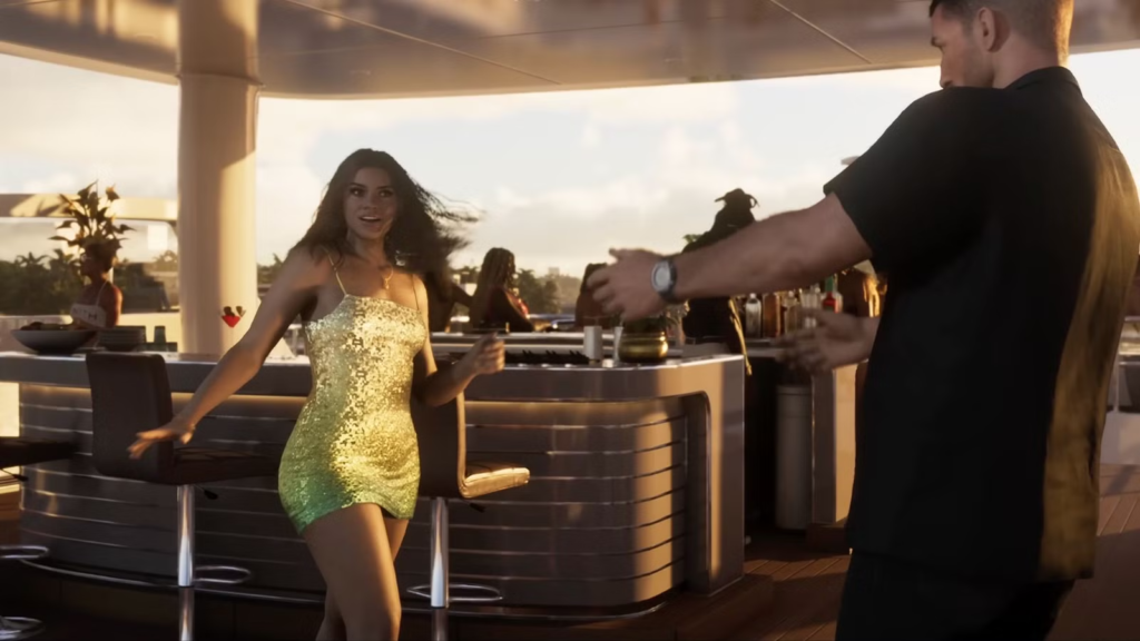 Woman in gold dress dancing at outdoor bar