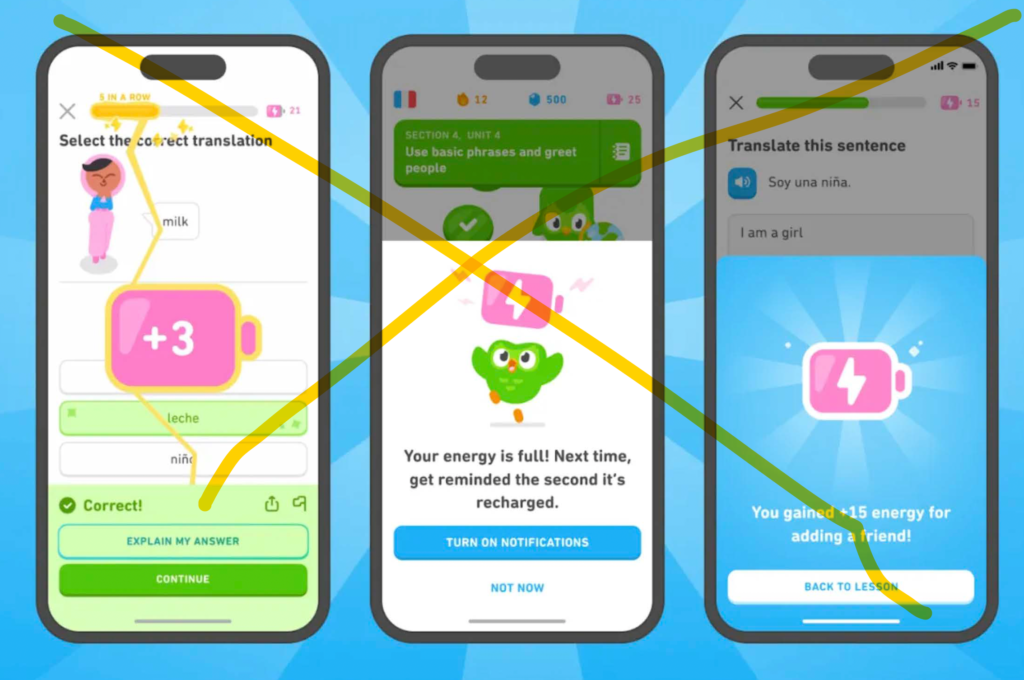 Duolingo app screens with Duo owl on phones