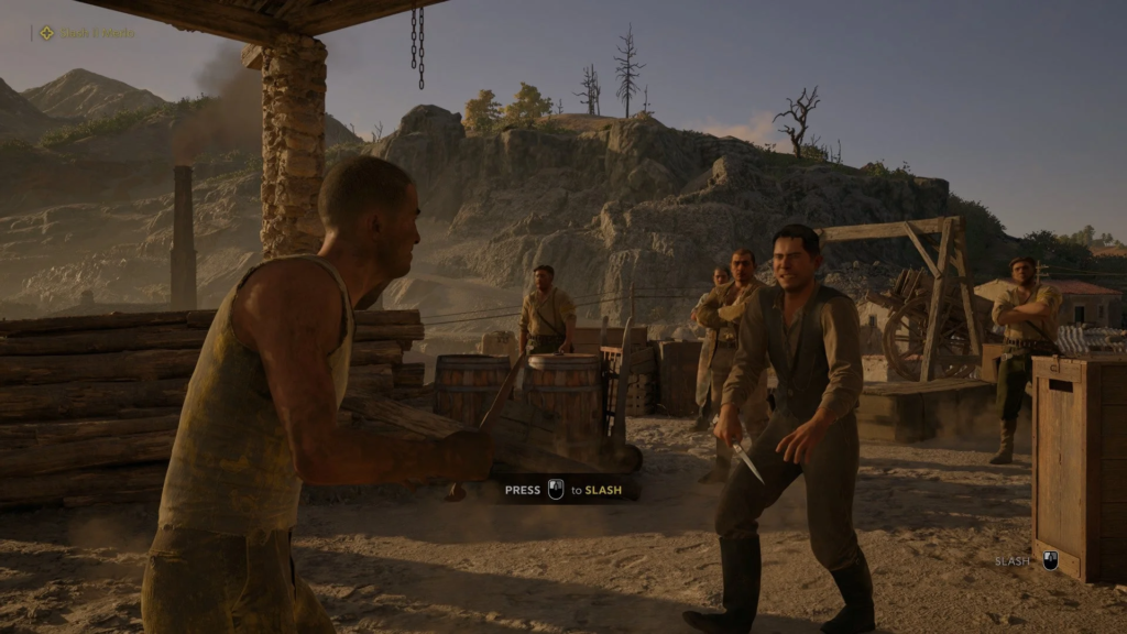 Two men knife fighting in outdoor work camp