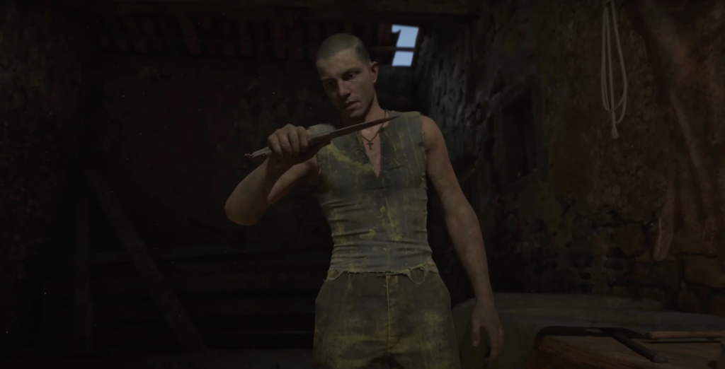 Man holding knife inside dark cave tunnel