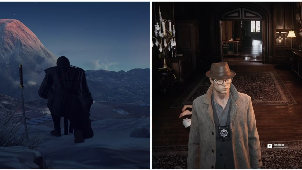 Hitman Agent 47 walks in snow and mansion hallway