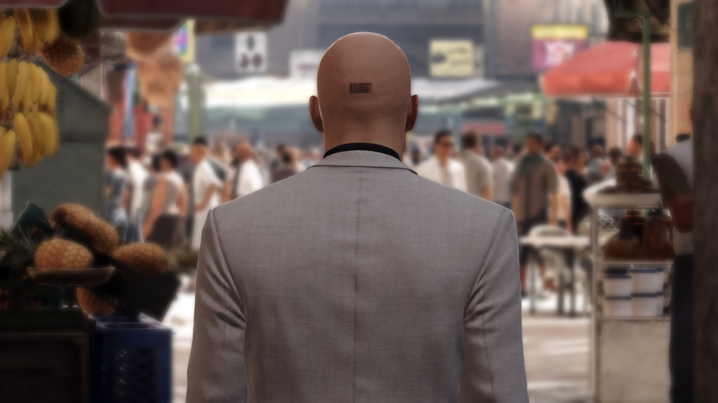 Agent 47 from Hitman walking through crowded market
