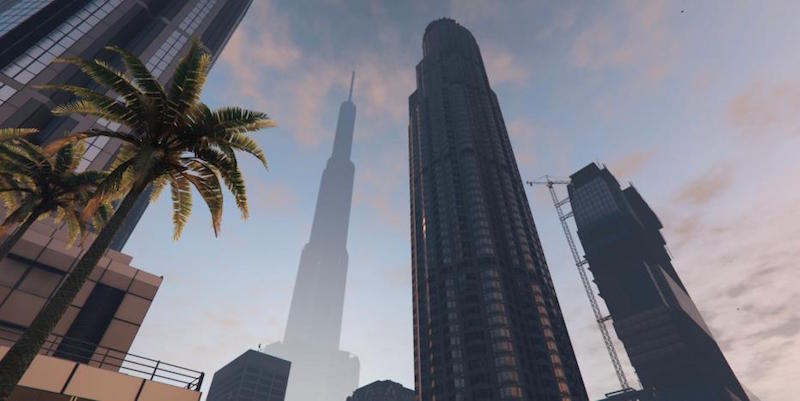 Palm tree beside skyscrapers in city skyline