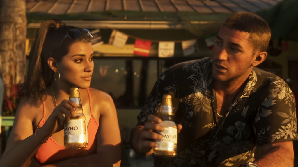 Two people holding beer bottles at outdoor bar