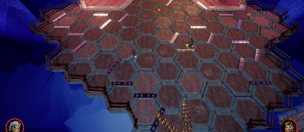 Two players moving on hexagonal platform above water