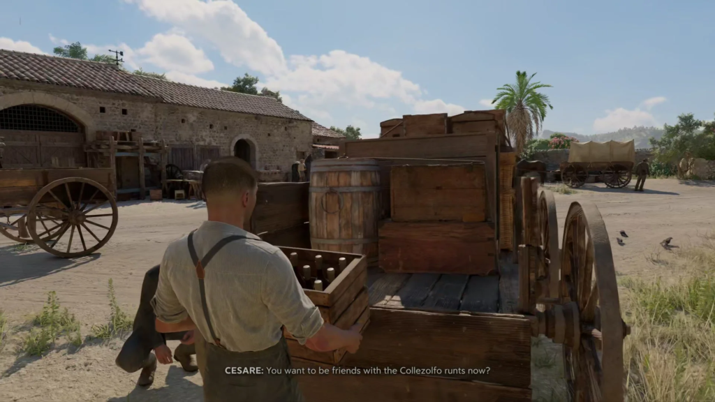Man loading bottles onto wagon in farmyard