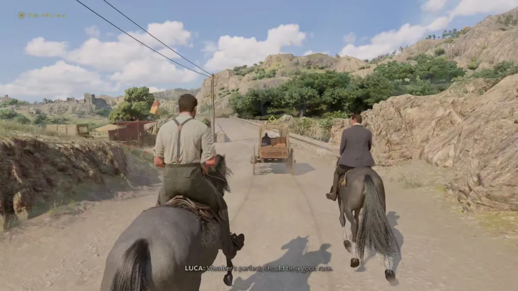 Two men ride horses on rural road