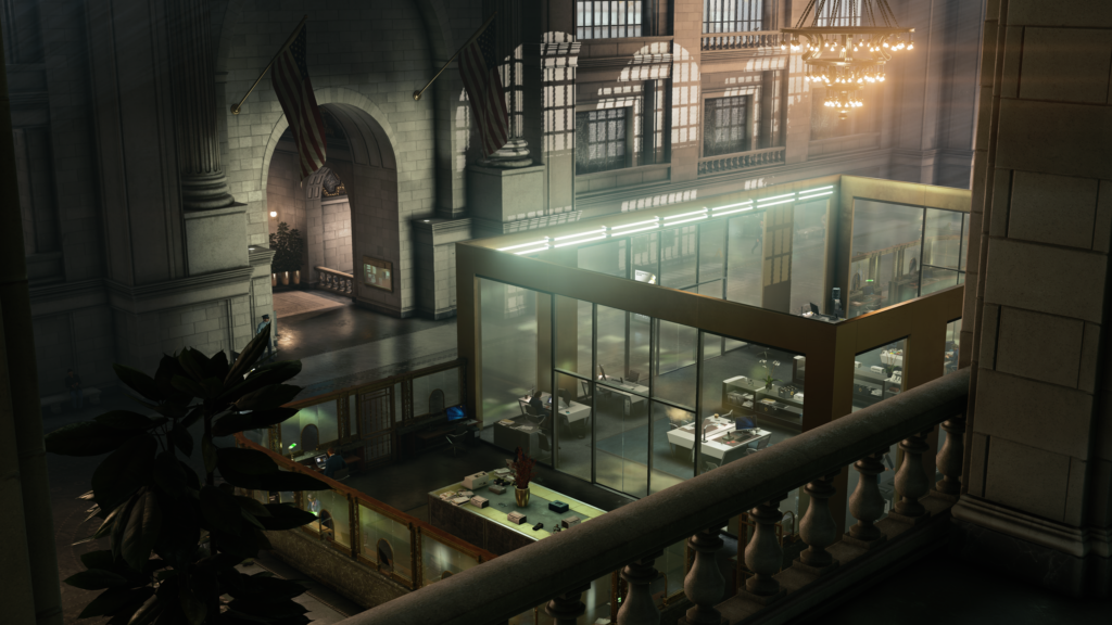 Glass-walled office inside grand hall with American flags