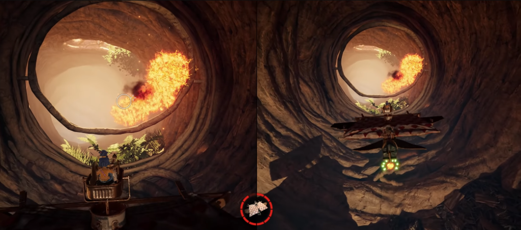 Airplane flying through tunnel toward fireball explosion