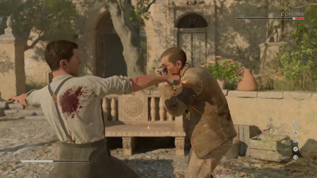 Man punches another man in courtyard fight scene