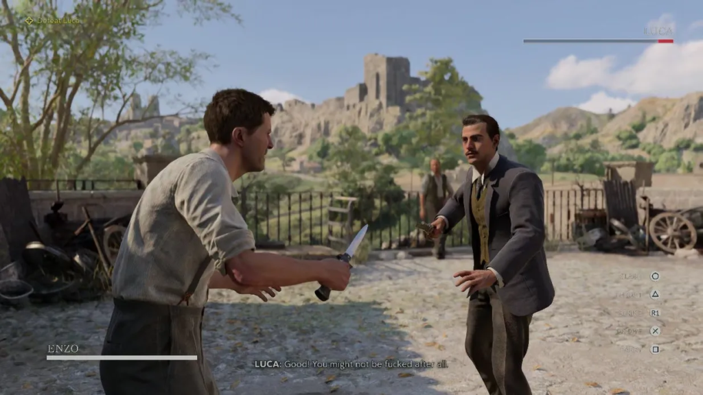 Enzo fights Luca with knives in courtyard, Mafia III