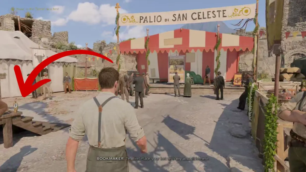 Man walking toward Palio di San Celeste tent fairground
