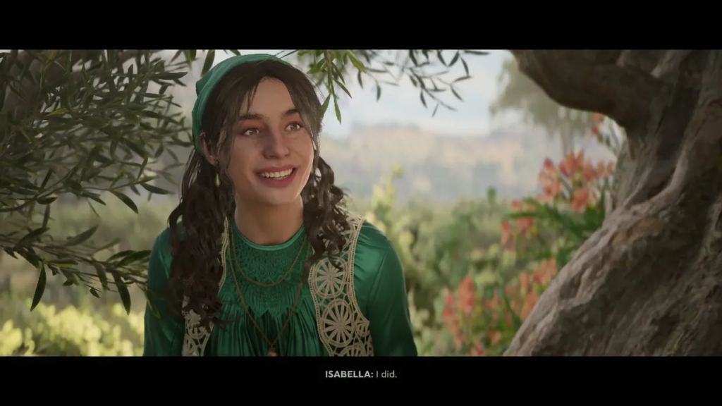 Isabella smiles under tree in garden setting