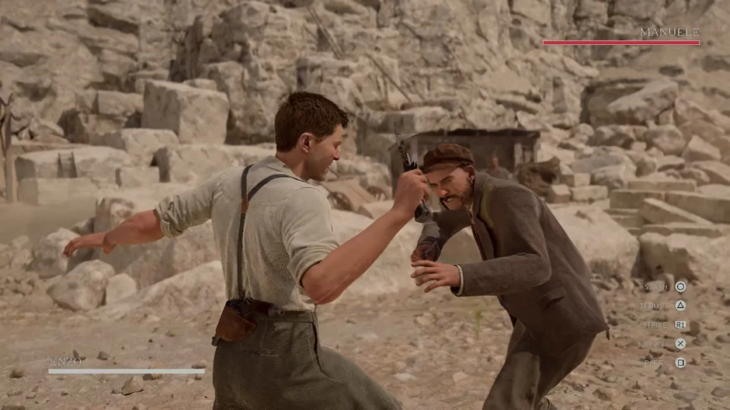 Enzo fighting Manuele in rocky quarry setting