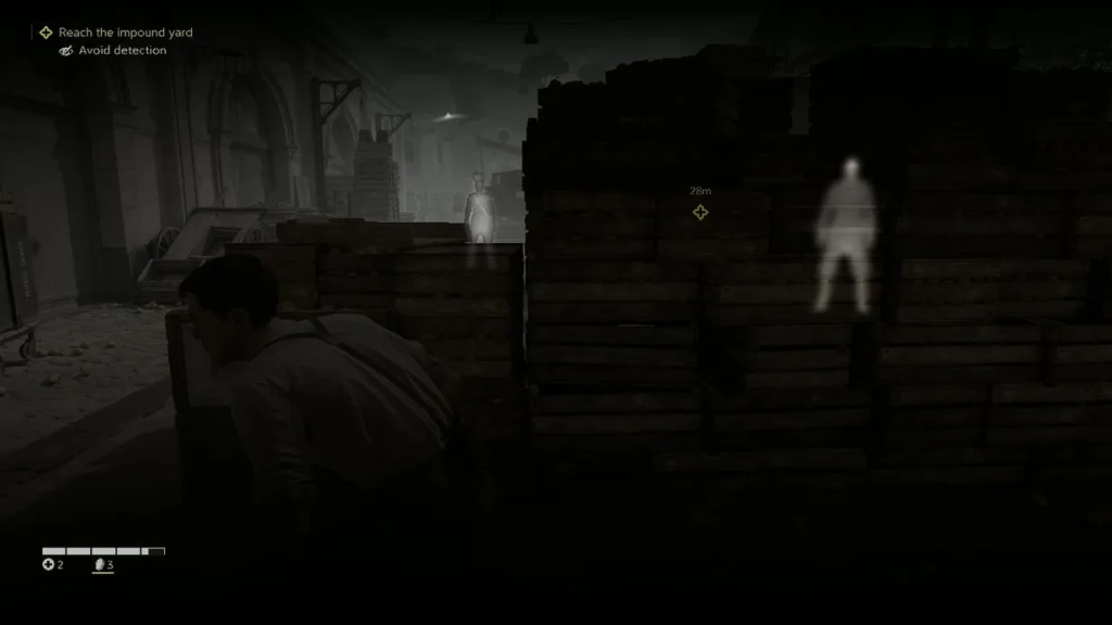 Player crouches behind crates in dark warehouse stealth game
