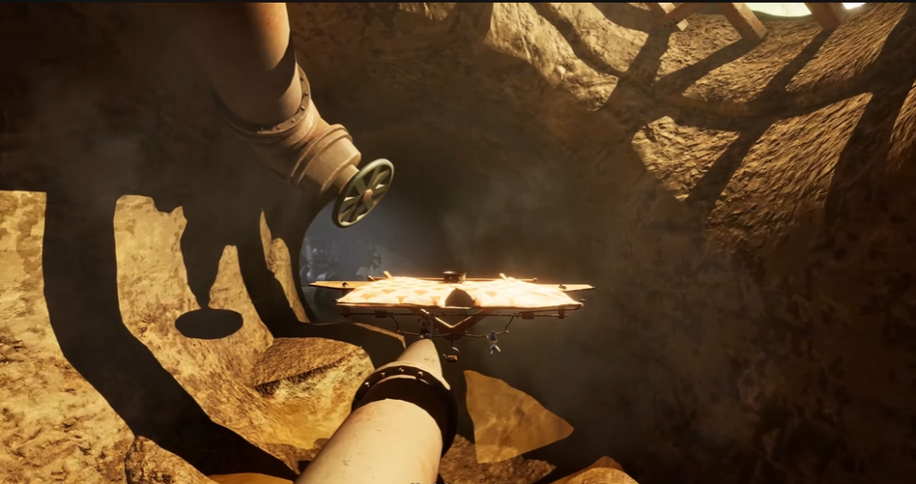 Glider flying through rocky tunnel near large pipe