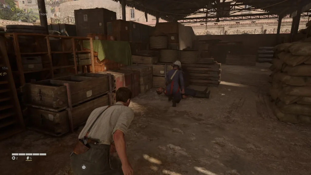 Man crouching behind guard in warehouse storage area