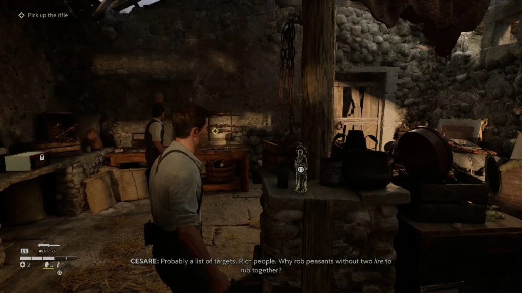 Sniper Elite 4 soldier stands in rustic workshop interior