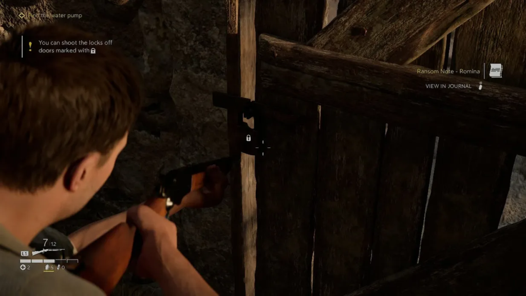 Player aiming rifle at locked wooden door indoors
