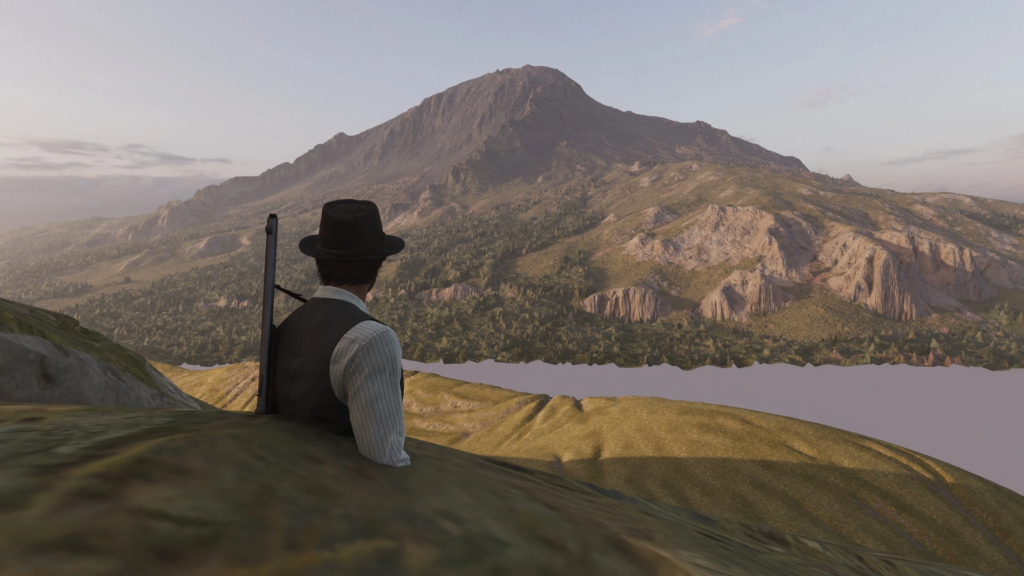 Red Dead Redemption 2 cowboy overlooks mountain valley landscape