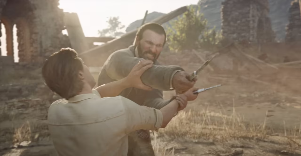 Two men fighting with knives in ruins outdoors