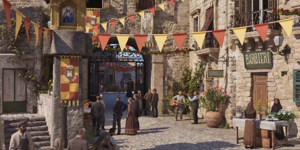 People gathering under bunting in stone village street