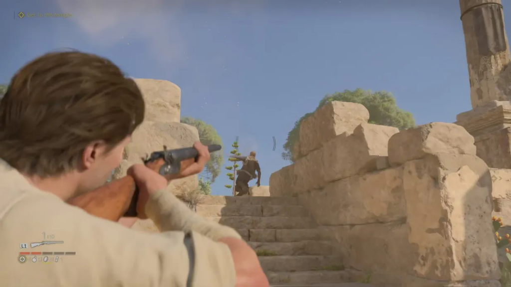 Player aiming rifle at enemy on stone stairs