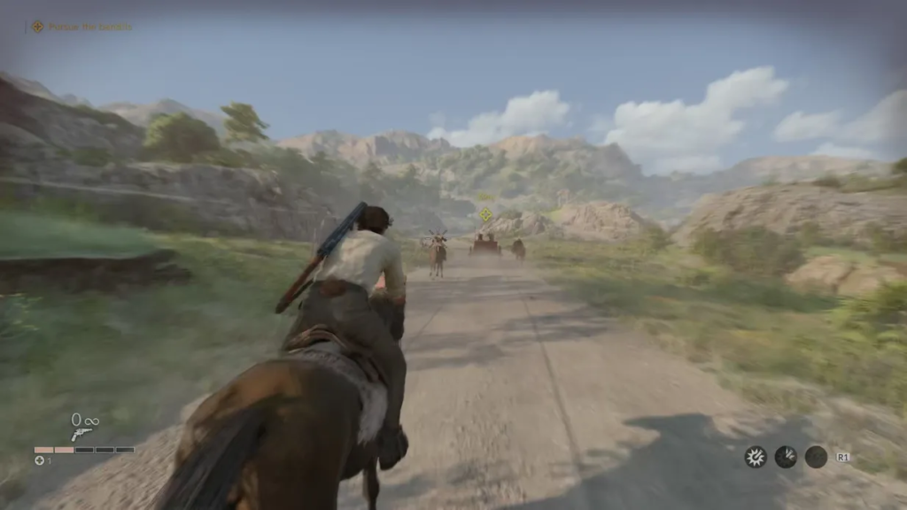 Rider on horseback chasing wagon on mountain road