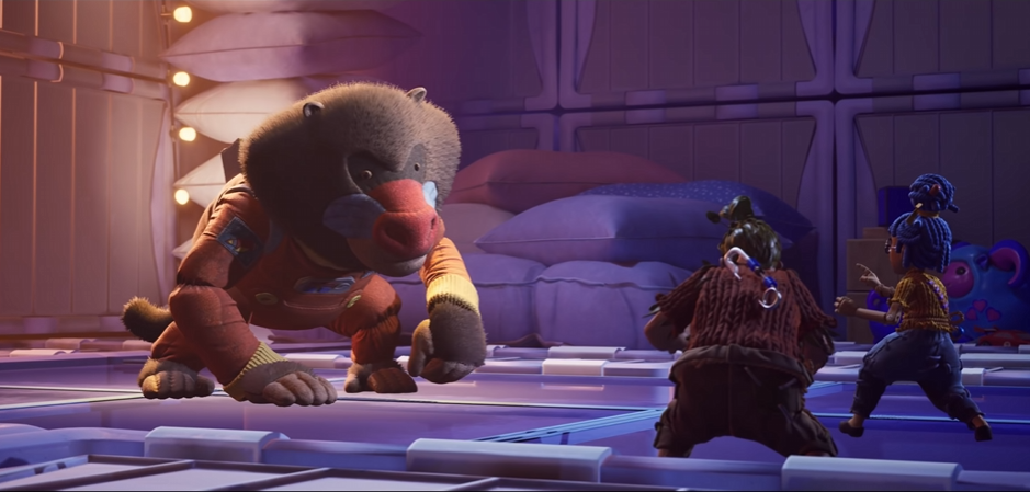 May and Cody facing monkey in toy room