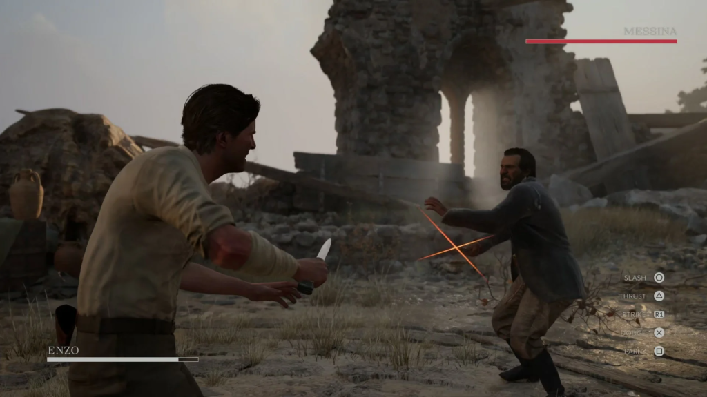 Enzo fights Messina among stone ruins in game