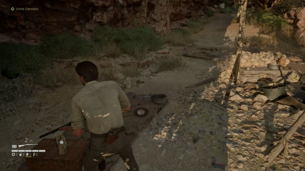 Player character crouching near campfire on rocky path