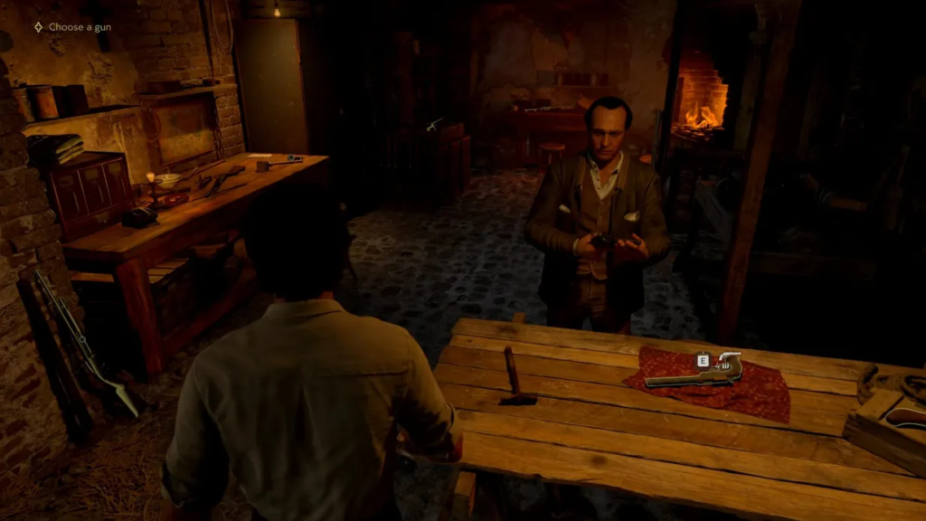 Man holding gun across table in workshop