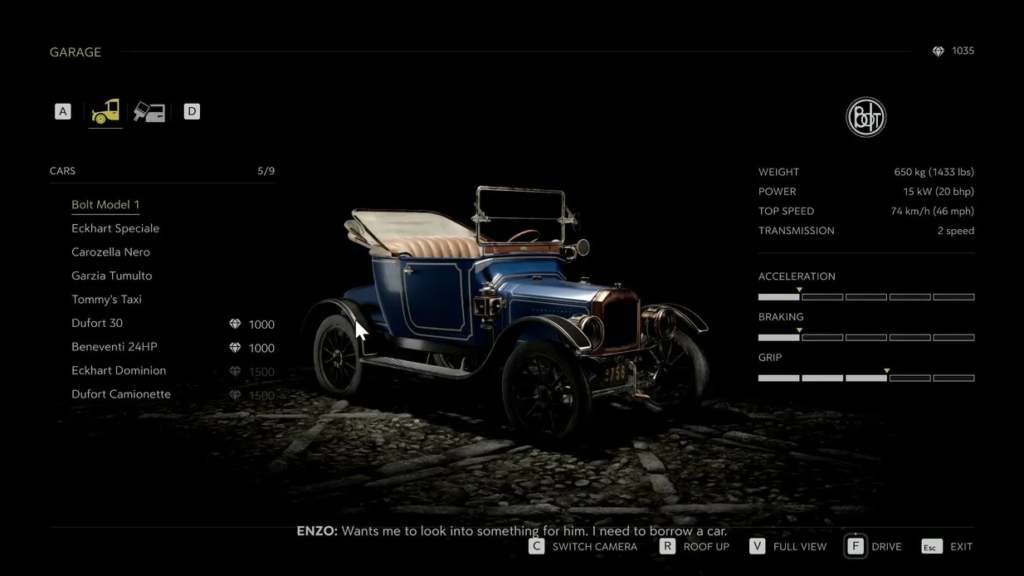 Blue vintage convertible displayed in Mafia Definitive Edition garage