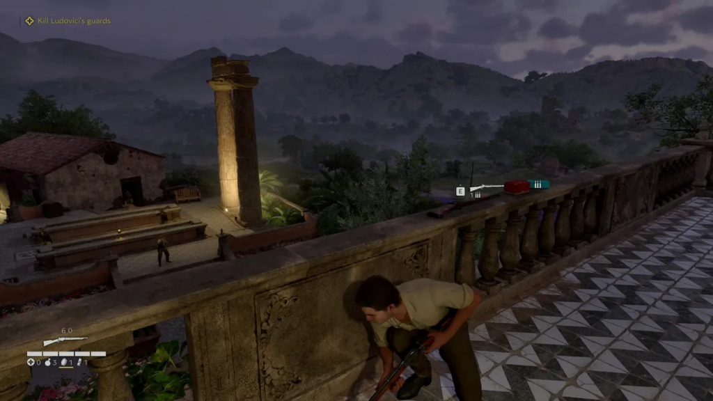 Sniper Elite 5 Karl Fairburne crouching on balcony at night