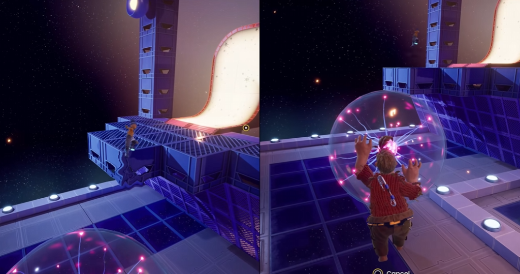 It Takes Two characters using force bubble on space platform