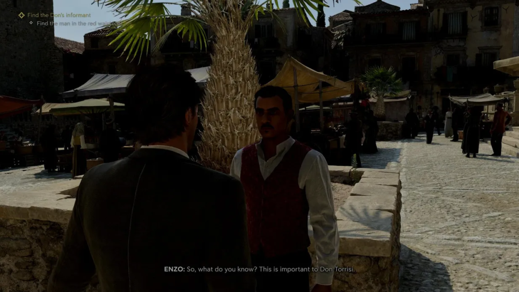 Enzo talking to man in market square, Mafia II