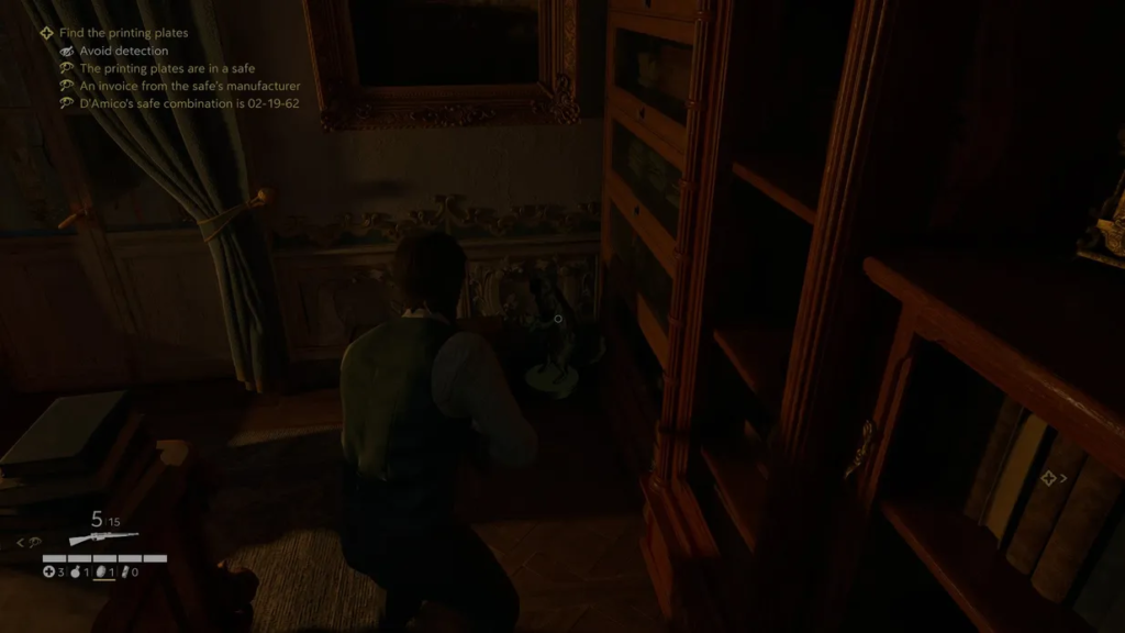 Player character crouching beside cabinet in dim room