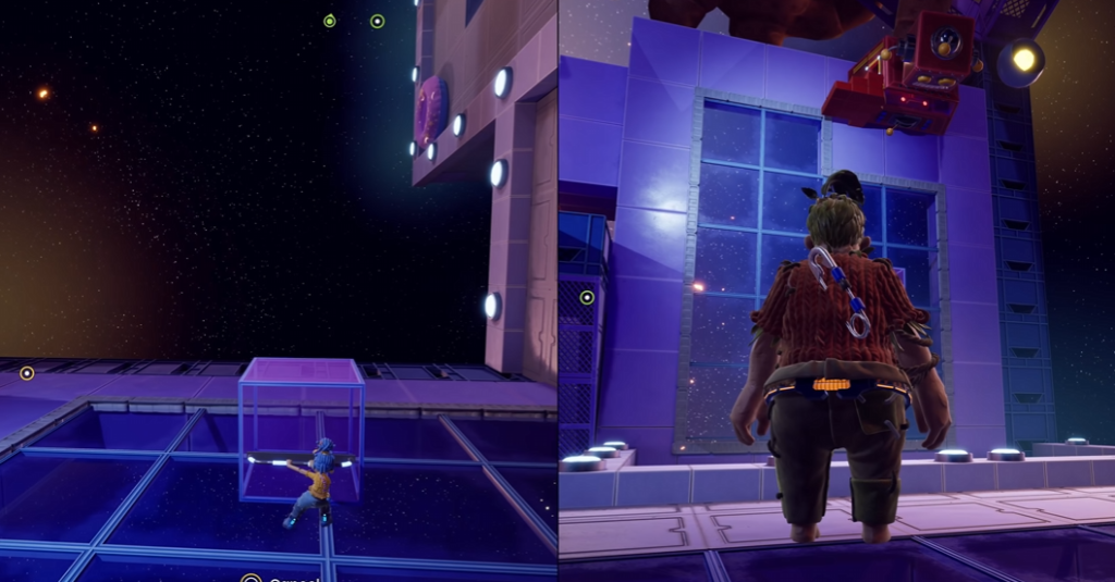 Split-screen game characters on purple space station platform