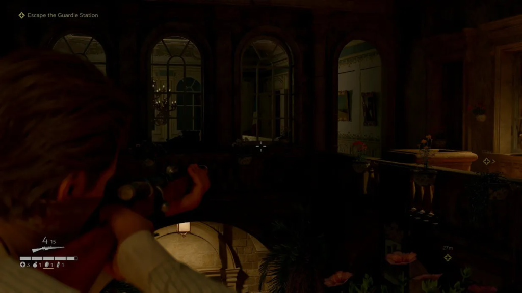 Sniper aiming through railing inside ornate building hallway