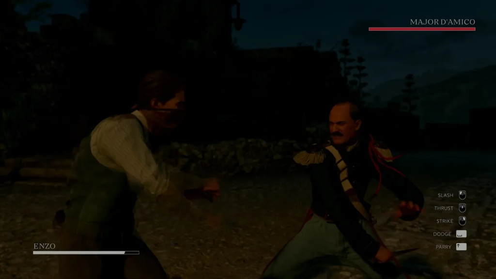 Enzo fights Major D'Amico outdoors at night