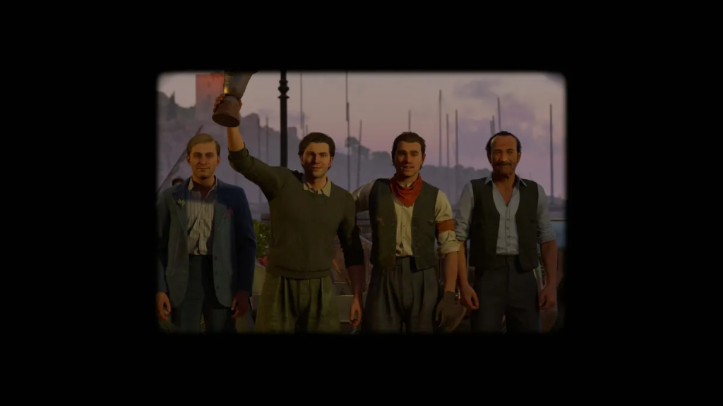 Four men posing on dock at sunset