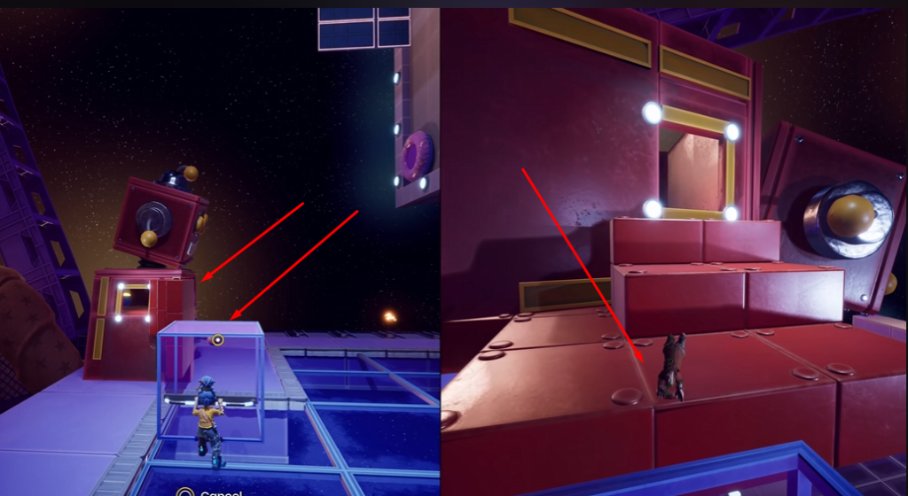 It Takes Two characters standing on red platforms in space