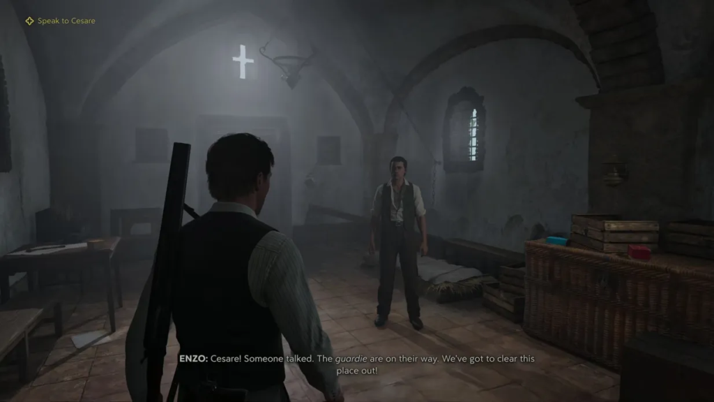 Man aiming rifle at man in church basement