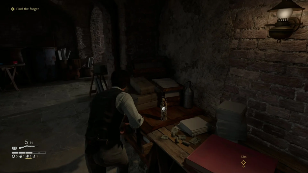 Player aiming at figurine on desk in cellar
