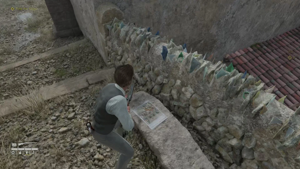 Man aiming gun beside stone wall with glass shards