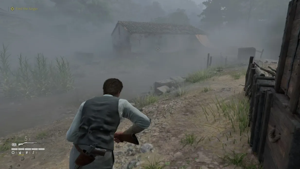 Man crouching with rifle on foggy dirt path