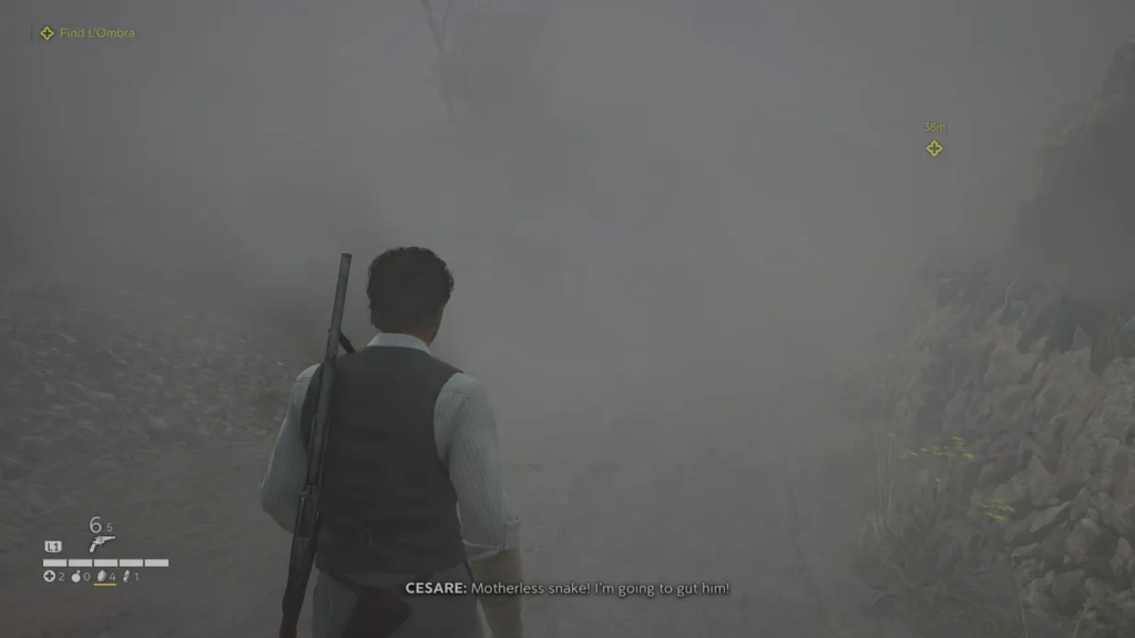 Man holding rifle walking on foggy dirt road