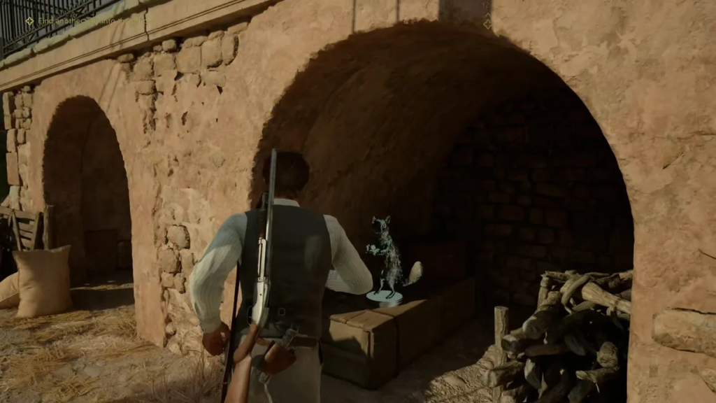 Man with rifle approaches glowing fox statue in archway