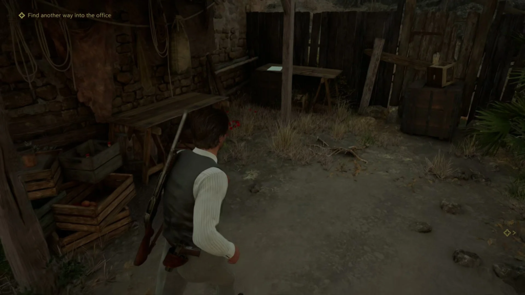 Man walking in rustic shed with crates and tools